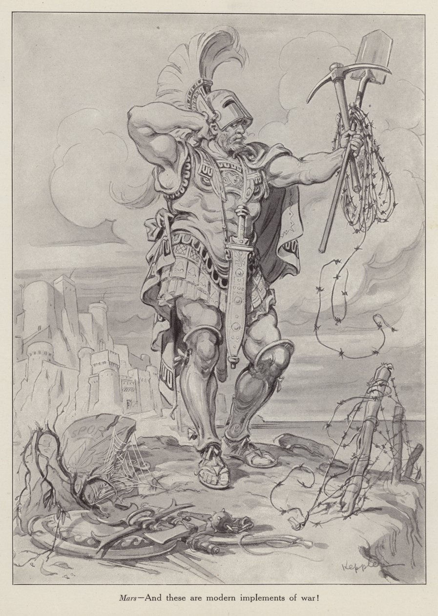 Mars, le dieu romain de la guerre, tenant des pelles et du fil de fer barbelé utilisés dans la guerre des tranchées (litho) - American School