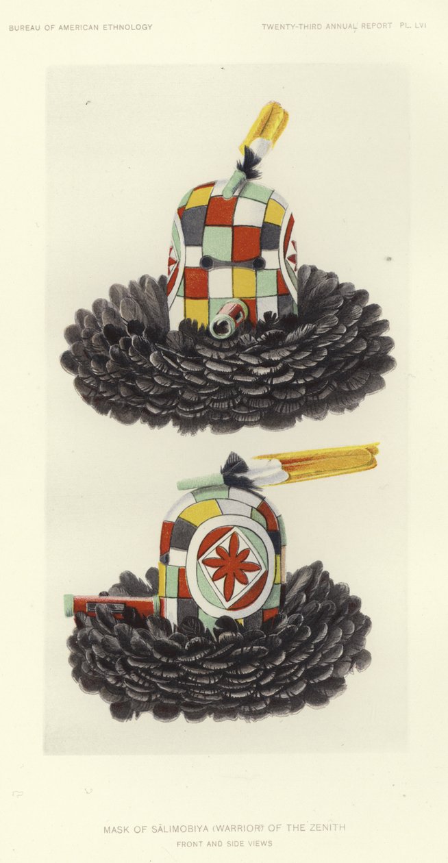 Masque de Salimobiya (guerrier) du zénith - vues de face et de profil (lithographie couleur) - American School
