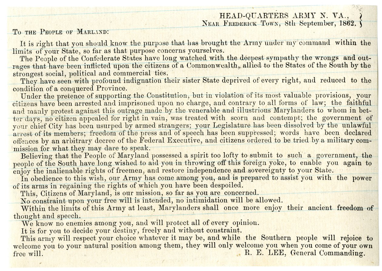 Message au peuple du Maryland pour soutenir la Confédération, 8 septembre 1862 - American School