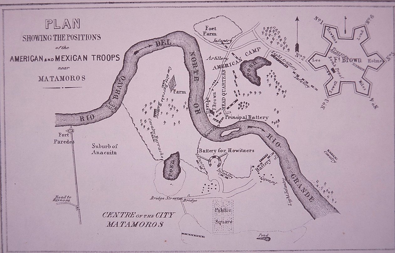 Guerre américano-mexicaine (1846-48), carte des troupes américaines près du Rio Grande et de Matamoros - American School