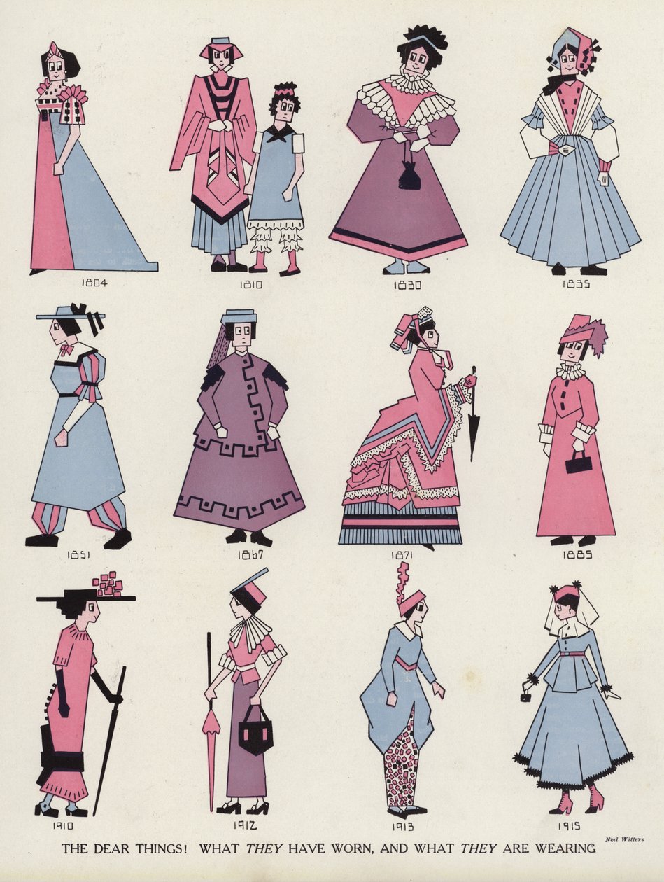 Se moquer de la mode féminine à travers les âges (lithographie couleur) - American School