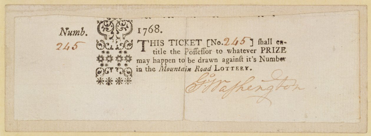 Billet de loterie de Mountain Road, signé par George Washington (1732-99) 1768 - American School