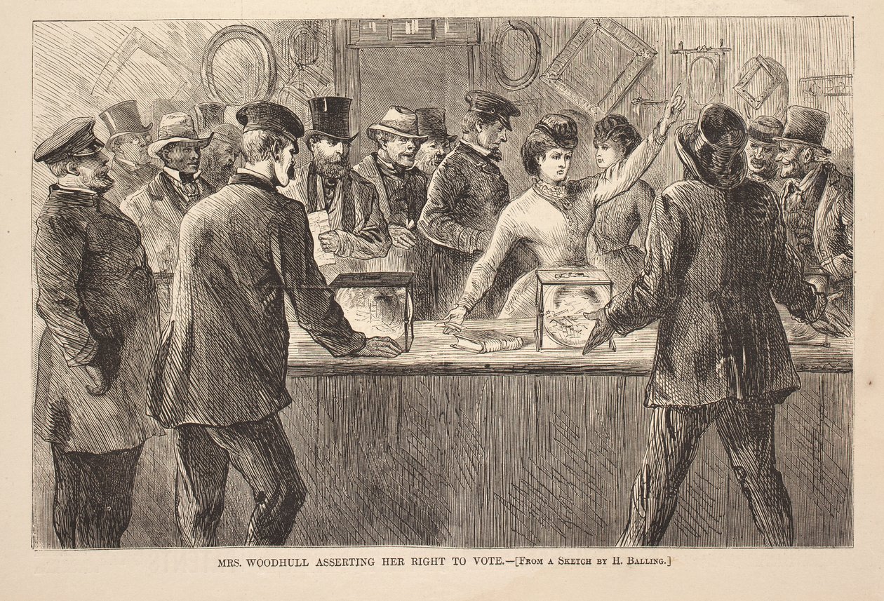 Mme Woodhull affirmant son droit de vote, gravure de Harper