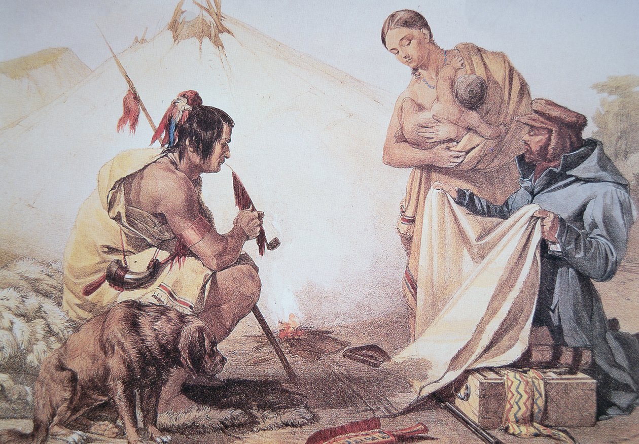 Échange de fourrures par les Amérindiens - American School