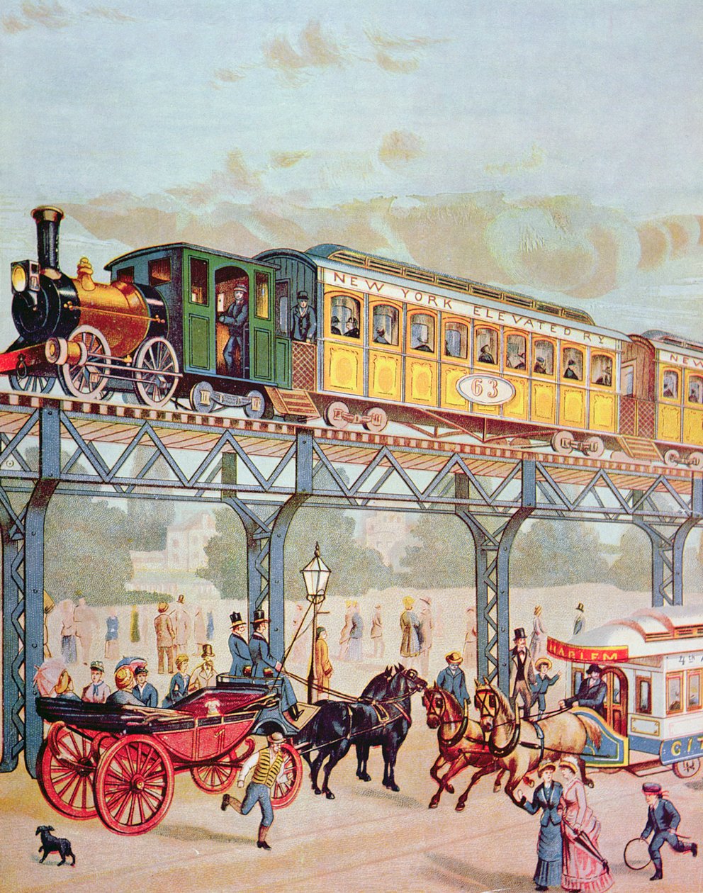 Chemin de fer surélevé de New York, vers 1880 (lithographie en couleur) - American School