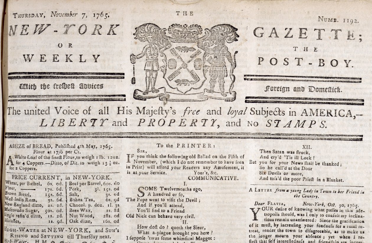 En-tête de la New York Gazette déclarant son opposition aux timbres, imprimé le 7 novembre 1765 - American School