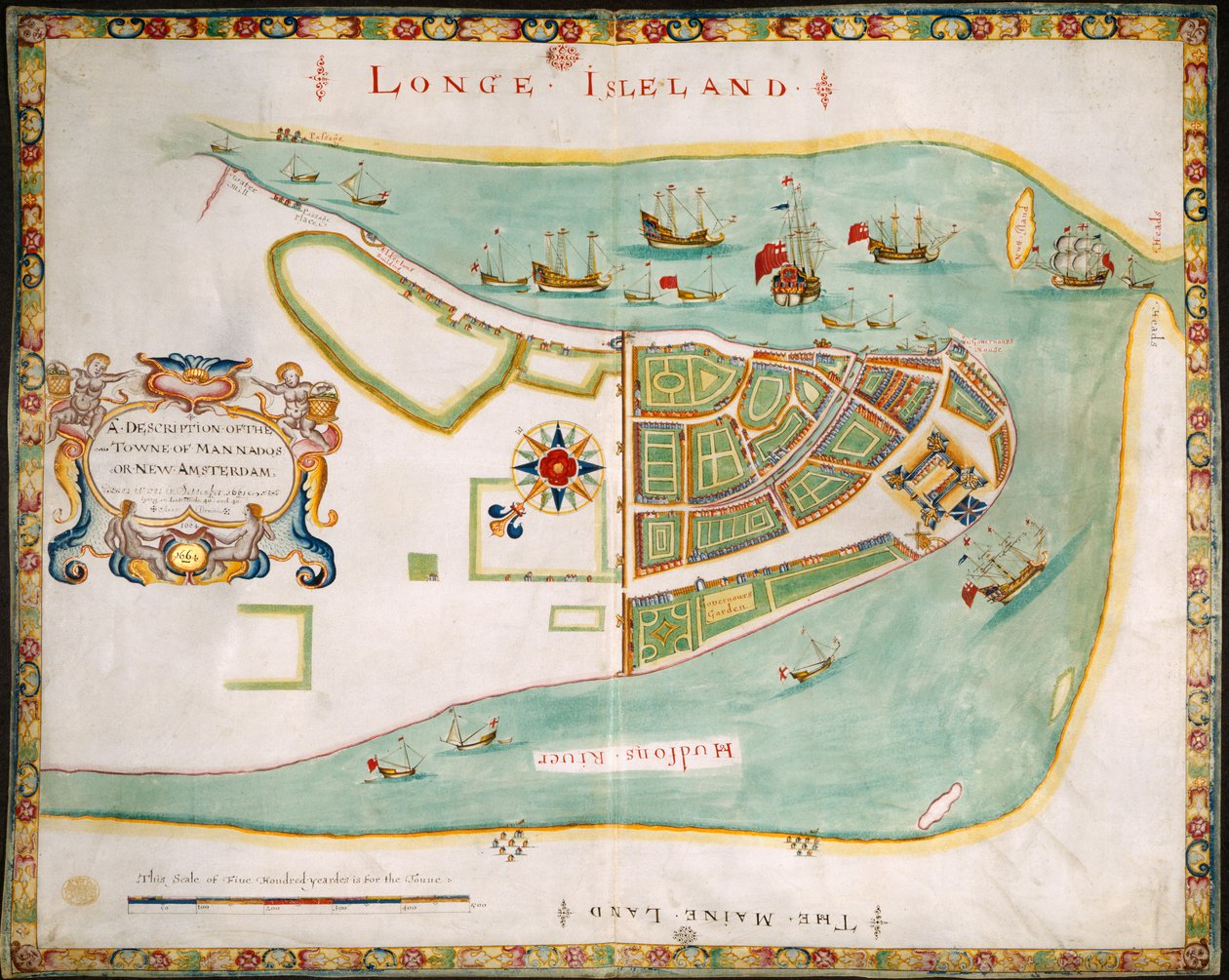 New York : plan de Manhattan, Long Island, la rivière Hudson et New Amsterdam - American School
