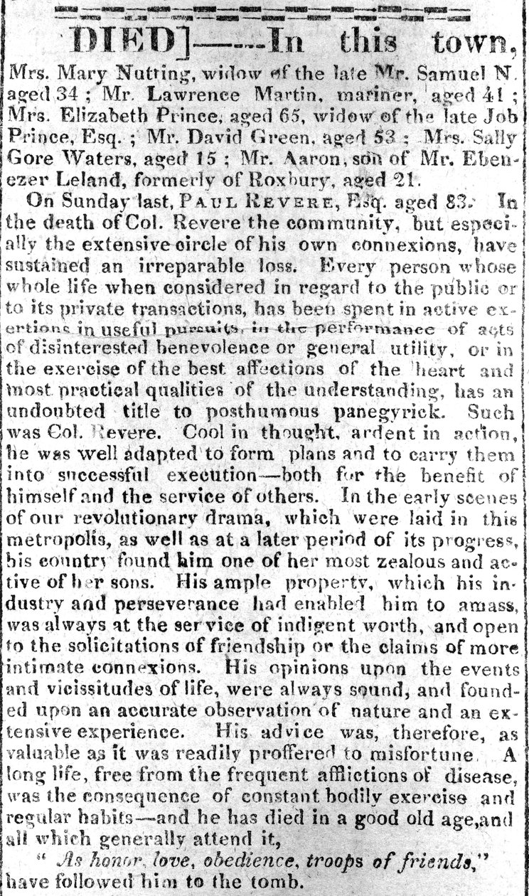 Page nécrologique du Boston Intelligencer, 16 mai 1818 - American School