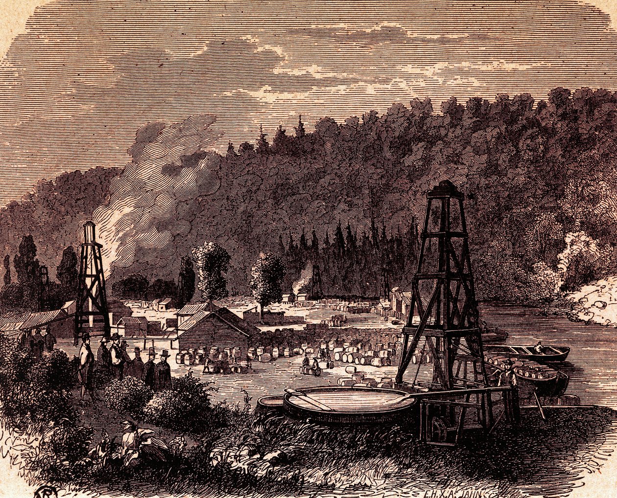Champs pétrolifères à Titusville en Pennsylvanie, avec le premier puits de Derrick inventé par Edwin Laurentine Drake en 1859, gravure - American School