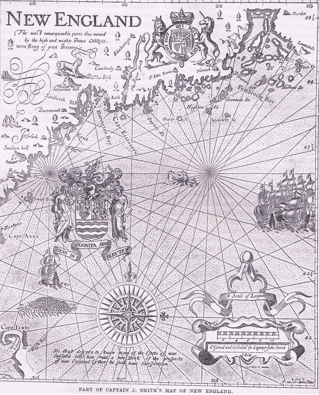 Partie de la carte du capitaine J Smith de la Nouvelle-Angleterre, illustration de l