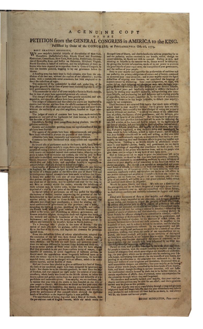 Pétition du Congrès général en Amérique au roi, Congrès continental, 26 octobre 1774 - American School