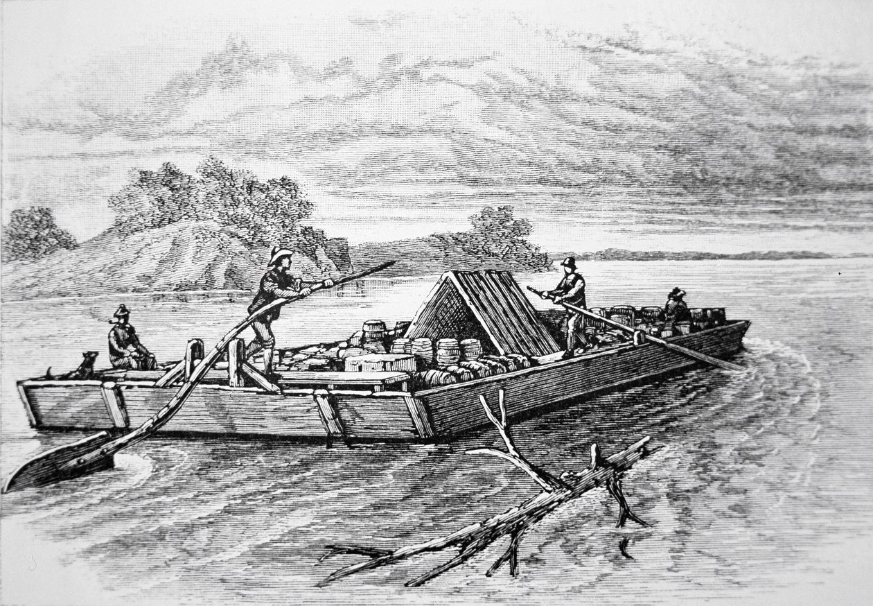 Chaland pionnier sur le fleuve Mississippi, c. 1840 (gravure) - American School