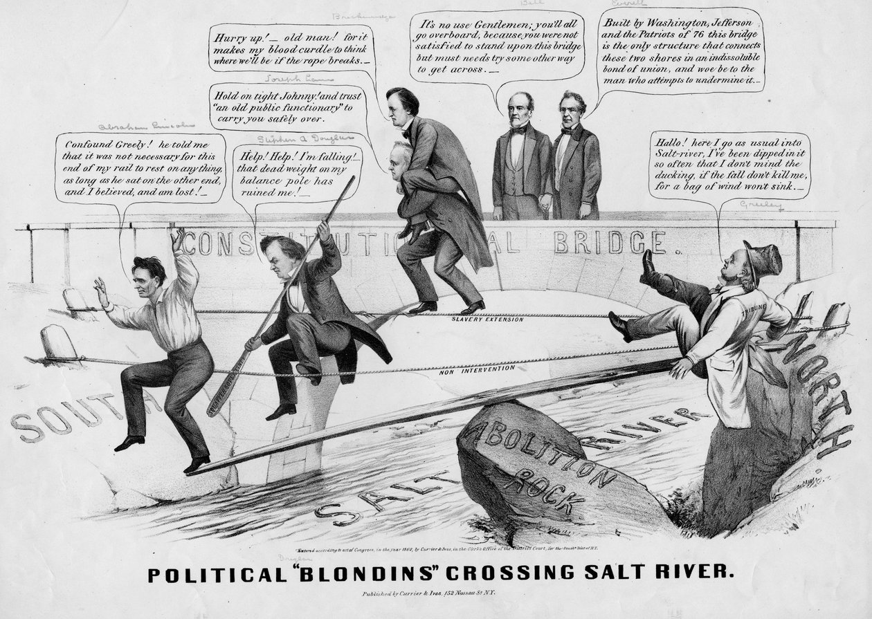 Blondins politiques traversant la rivière Salée, publié par Currer & Ives, New York, 1860 - American School