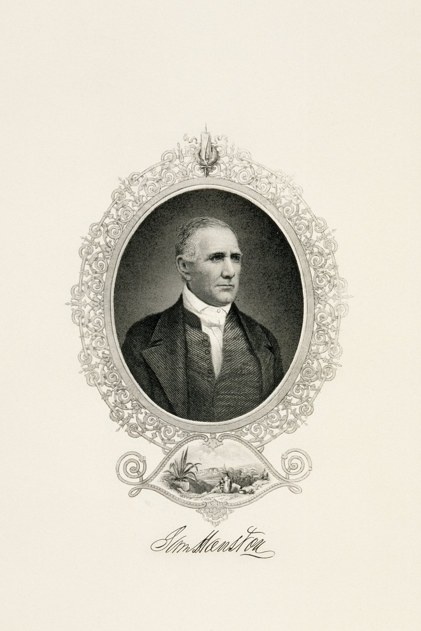Portrait de Sam Houston avec une vue de la ville, vers 1855-1860 (gravure sur papier vélin) - American School
