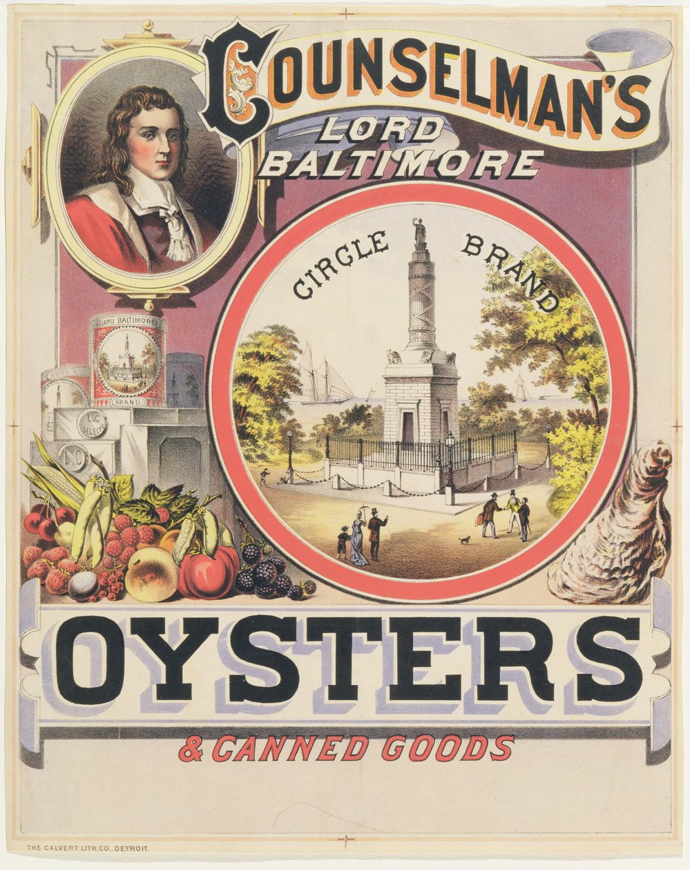 Affiche publicitaire pour les huîtres et conserves Counselmans Lord Baltimore Circle Brand - American School