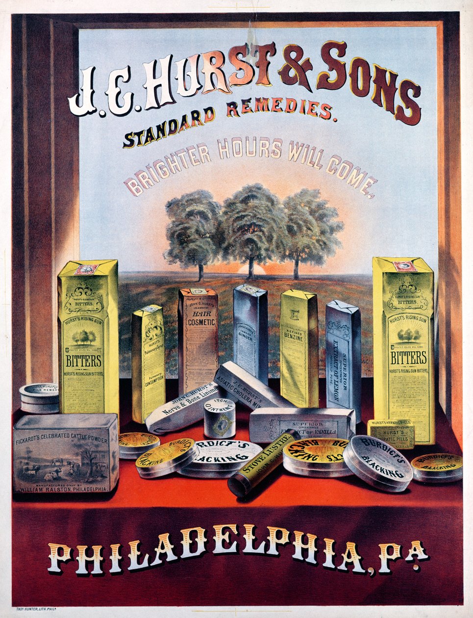 Affiche publicitaire pour les remèdes standard de J.E. Hurst & Sons - Des heures plus lumineuses viendront - American School