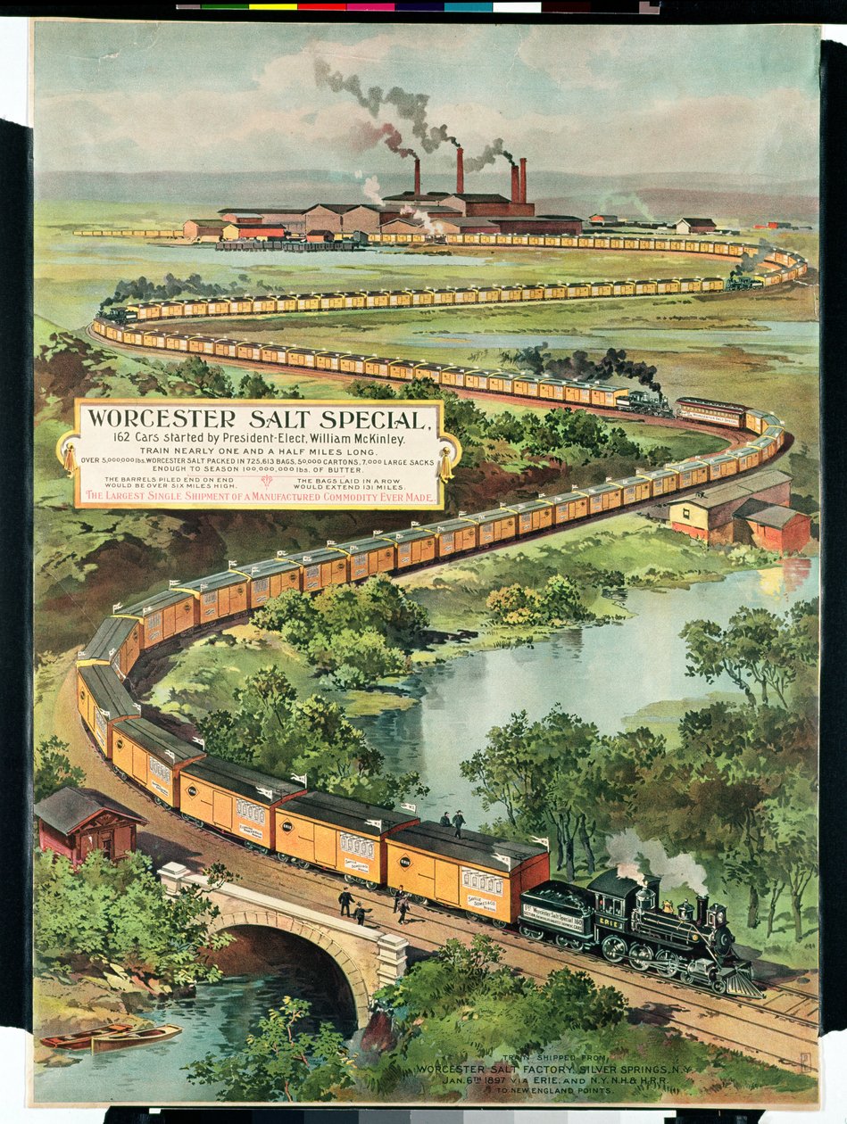 Affiche publicitaire pour le Worcester Salt Special, 162 voitures lancées par le président élu McKinley, 1897 - American School