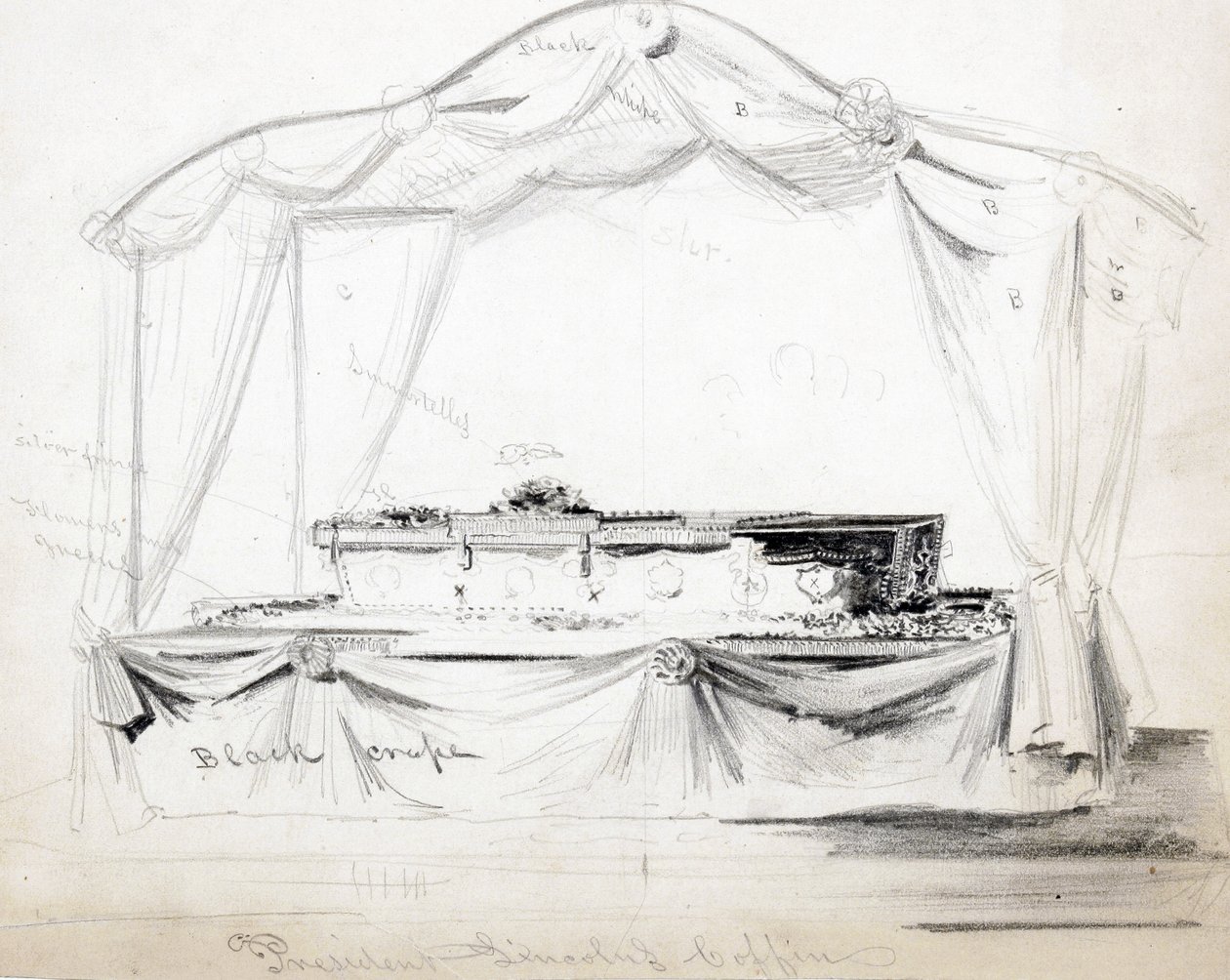 Le cercueil du président Abraham Lincoln exposé à la Maison Blanche, Washington D.C., avril 1865 - American School