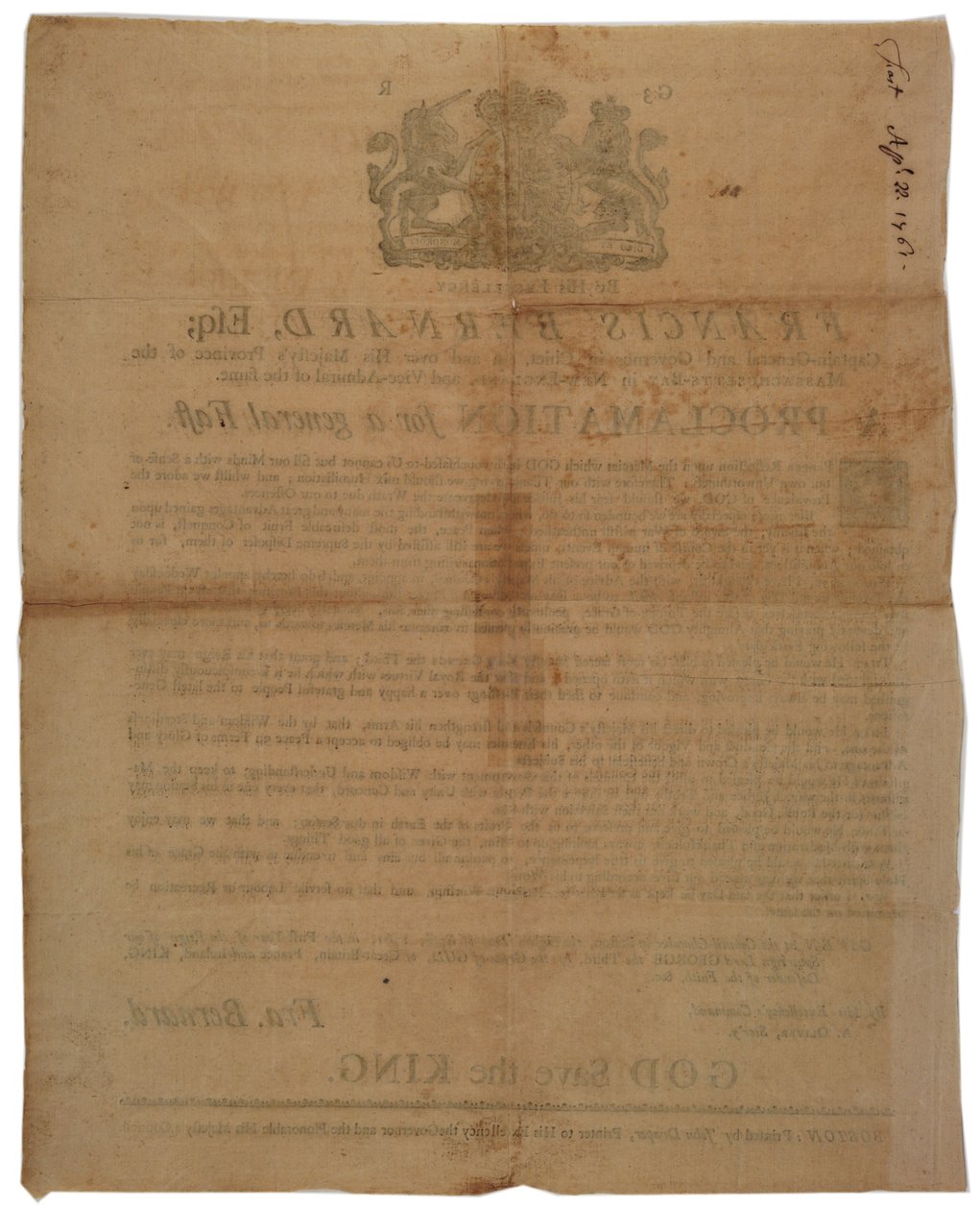 Proclamation au nom de Francis Bernard, gouverneur de la baie du Massachusetts : annonçant un jour de jeûne pendant la guerre de Sept Ans, 8 avril 1761 - American School