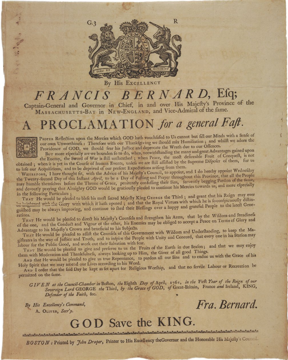 Proclamation au nom de Francis Bernard, gouverneur de la baie du Massachusetts : annonçant un jour de jeûne pendant la guerre de Sept Ans, 8 avril 1761 - American School