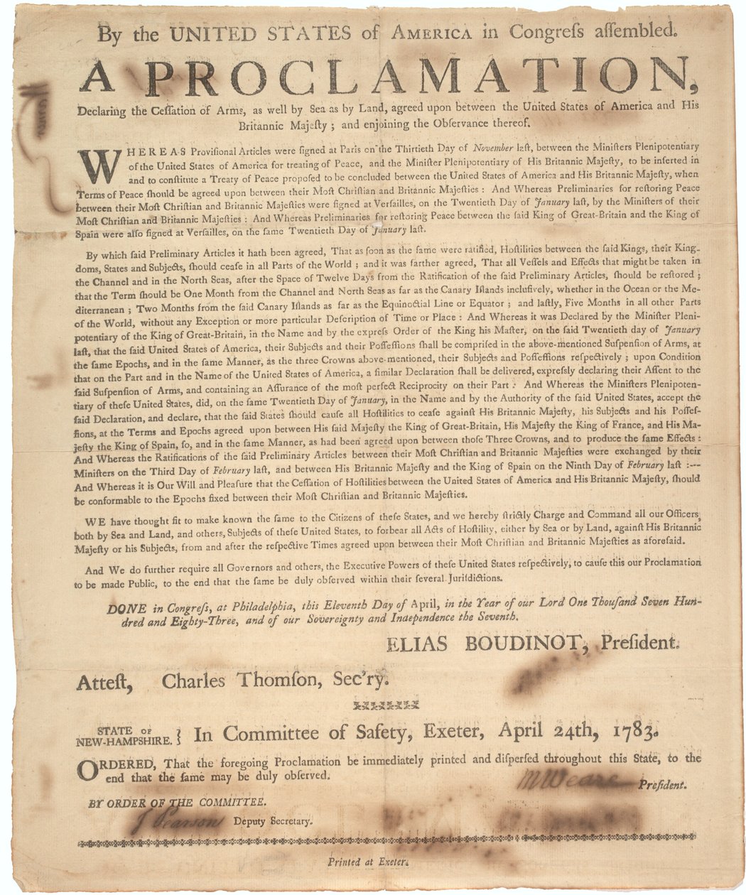 Proclamation du Congrès déclarant la cessation des armes et la fin de la guerre, 24 avril 1783 - American School