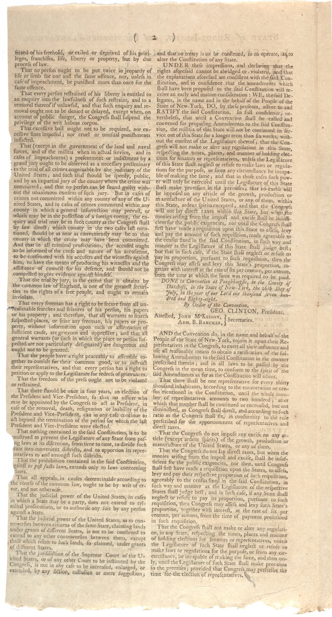 Résolutions imprimant la proposition de NYS pour des amendements à la Constitution, octobre 1788 - American School