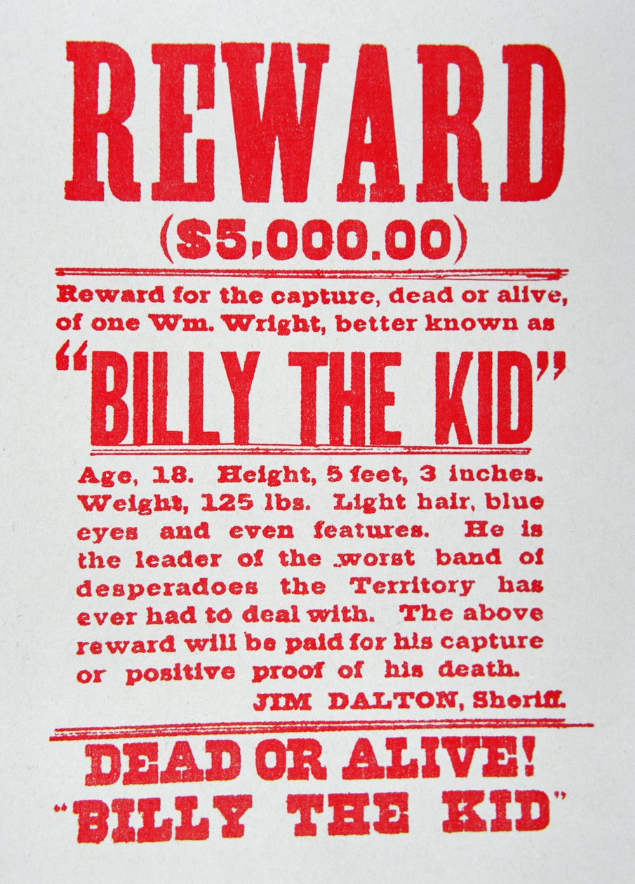 Affiche de récompense pour Billy the Kid (1859-81) - American School