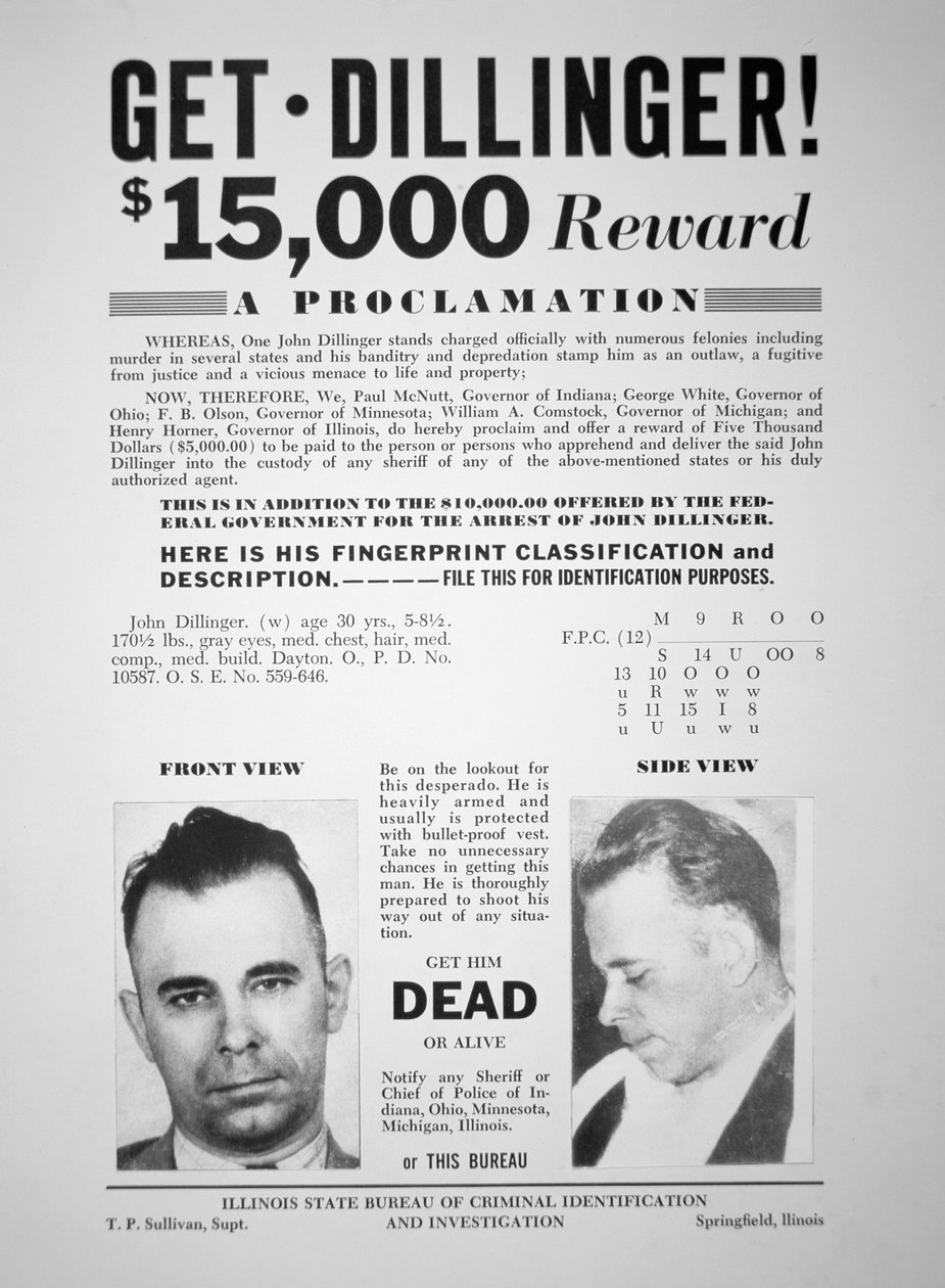 Affiche de récompense pour John Dillinger - American School