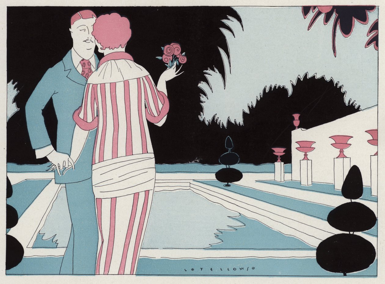 Couple romantique se tenant la main au bord de la piscine, une scène de la nouvelle Prospective Honeymooners de J A Waldron (lithographie couleur) - American School