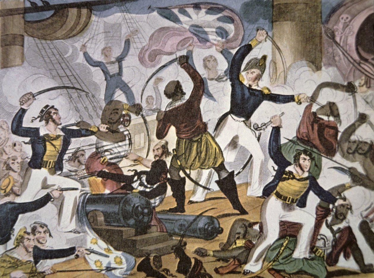 Marins de la Royal Navy abordant un navire pirate algérien, vers 1820 - American School