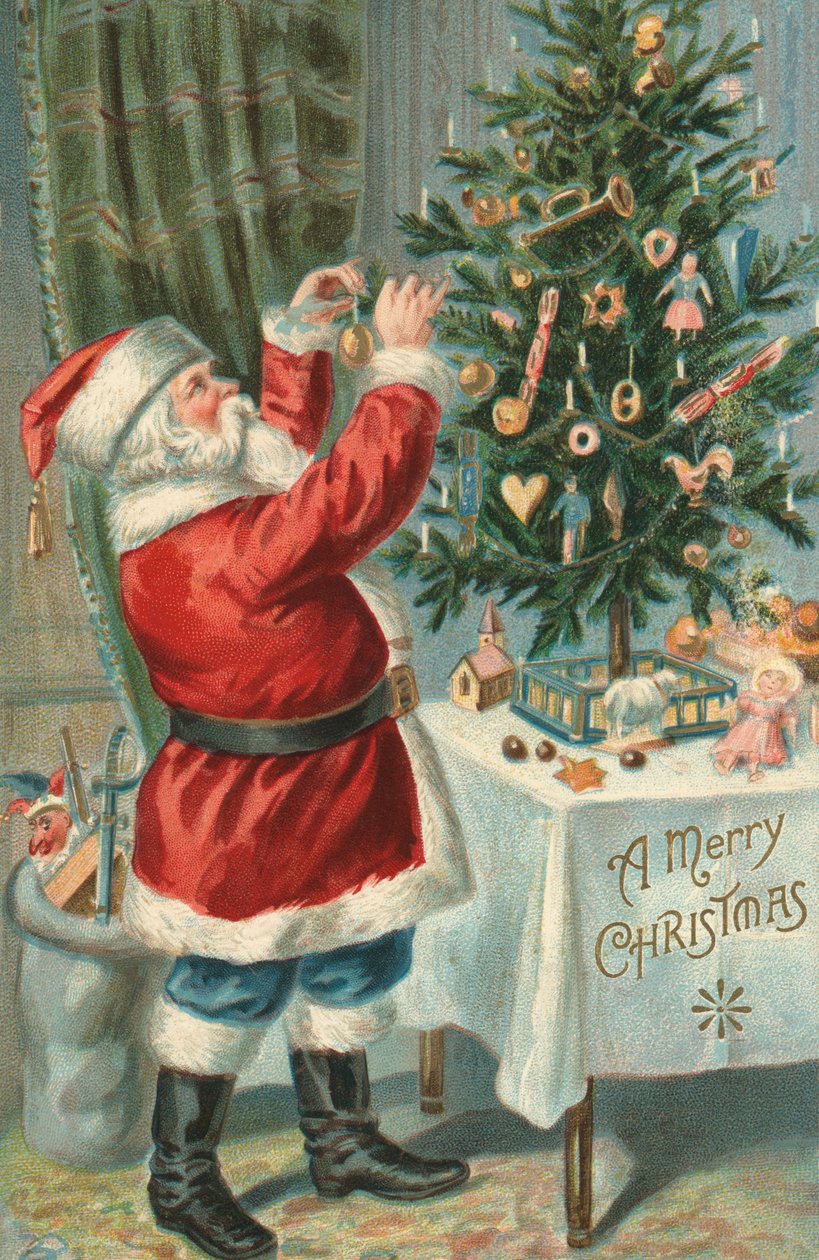 Père Noël décorant un sapin de Noël - American School