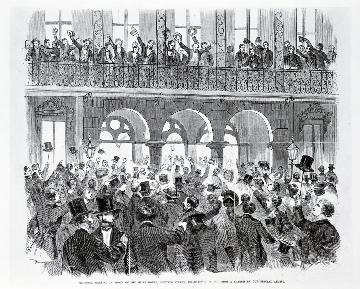 Réunion de sécession devant la Mills House, Meeting Street, Charleston, Caroline du Sud, vers 1860 (gravure) - American School