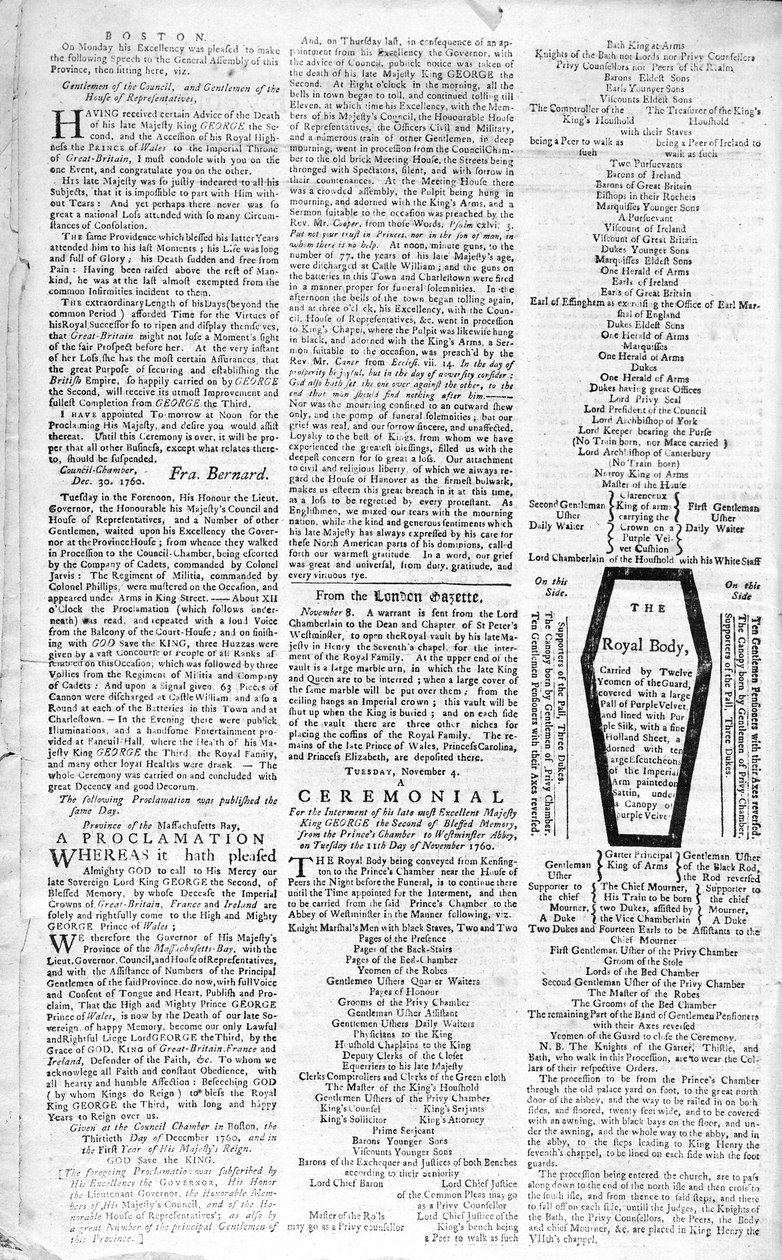 Deuxième page du Boston Evening Post annonçant la mort du roi George II (1683-1760), 5 janvier 1761 - American School