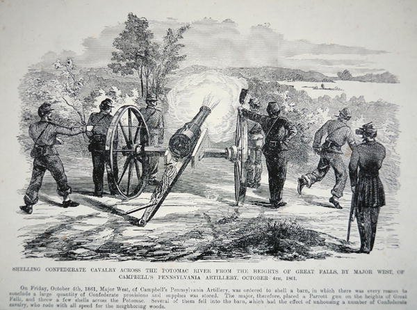 Bombardement de la cavalerie confédérée à travers la rivière Potomac depuis les hauteurs de Great Falls, 4 octobre 1861 (lithographie) - American School