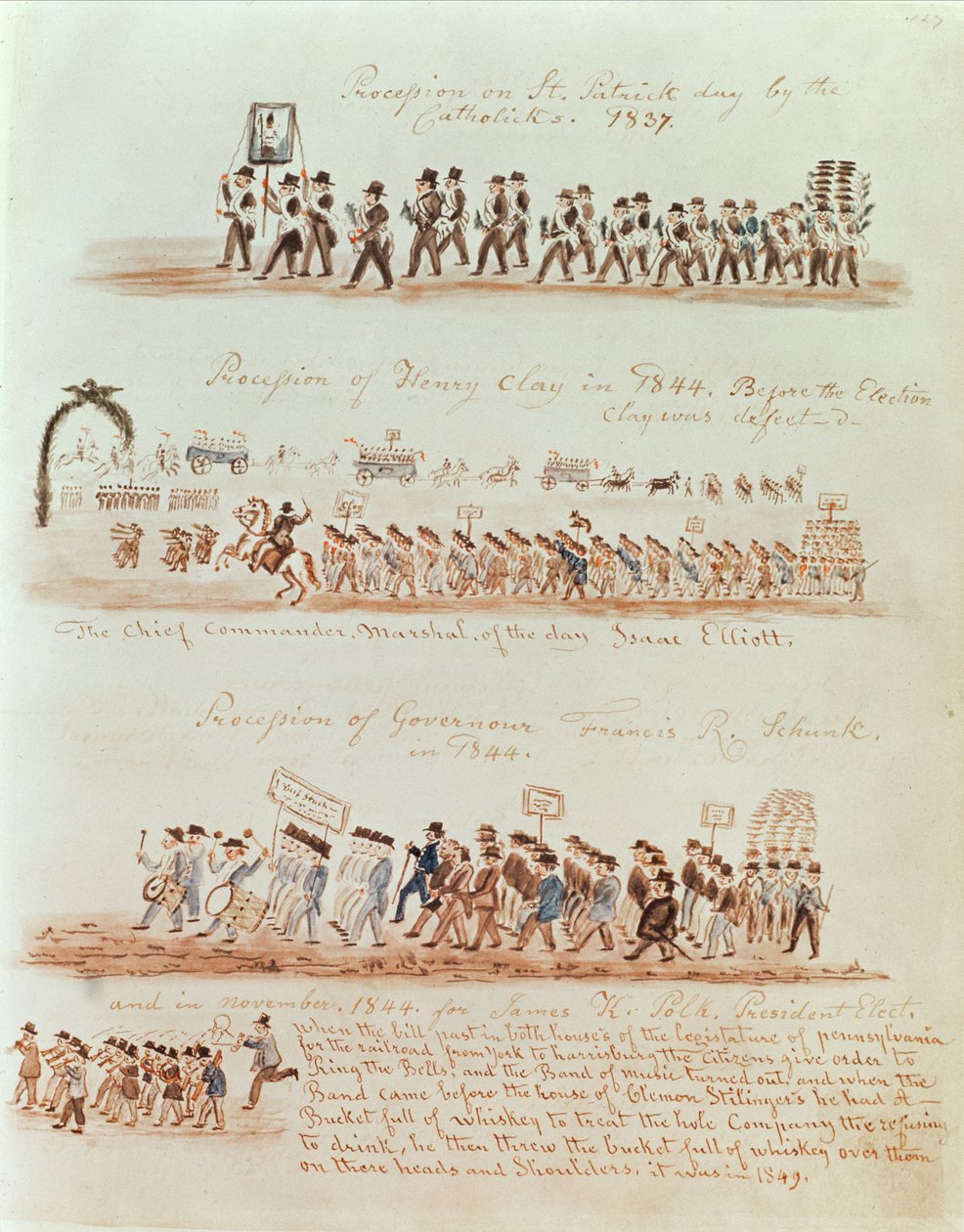 Procession de la Saint-Patrick en 1837 et processions pour Henry Clay, le gouverneur Francis Schunk et James Polk en 1844 - American School