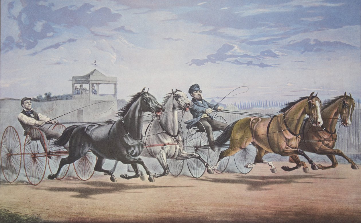 Stella et Alice Grey - Lanterne et fanon, Passant le stand (Dans leur grande course en double attelage sur le Union Course L.I. 5 juin 1855), pub. 1855, Currier & Ives - American School