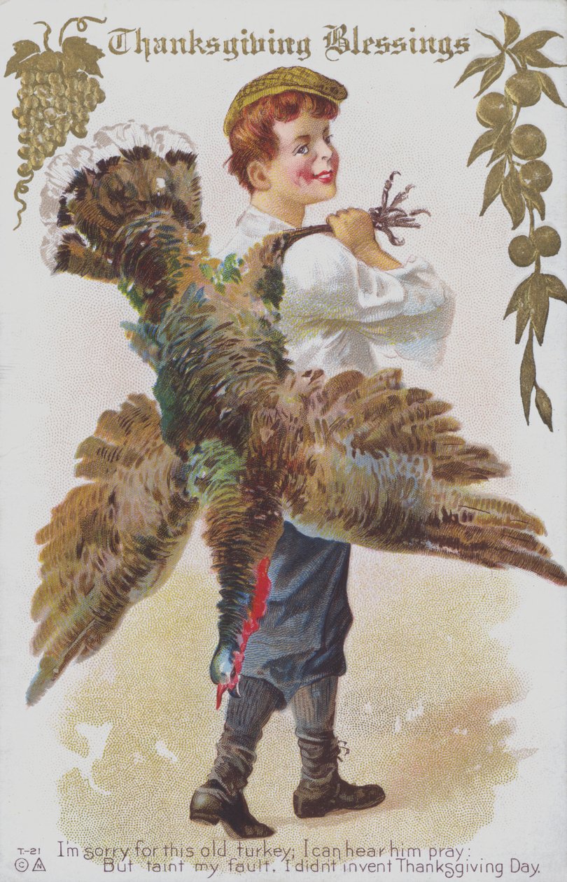 Carte de vœux de Thanksgiving représentant un homme avec une dinde. (chromolitho) - American School