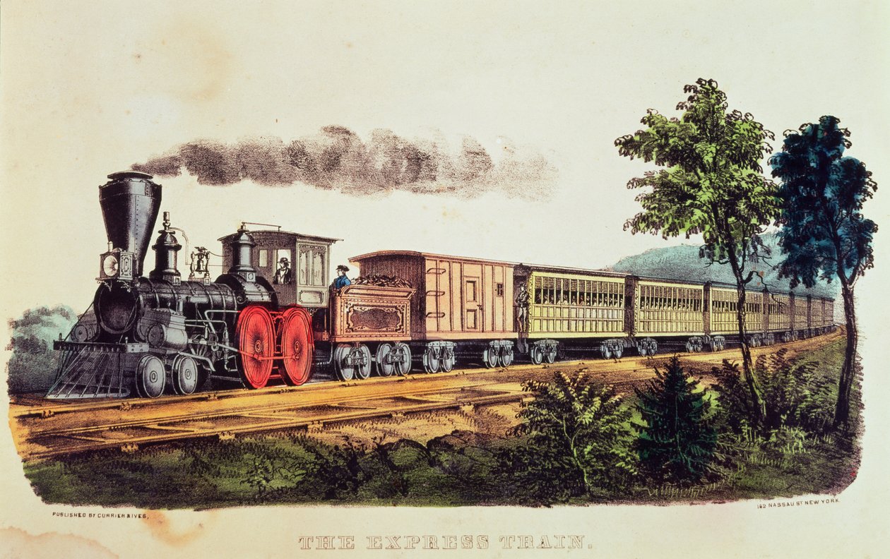 Le train express, gravé par Nathaniel Currier (1813-88) et James Merritt Ives (1824-95) - American School