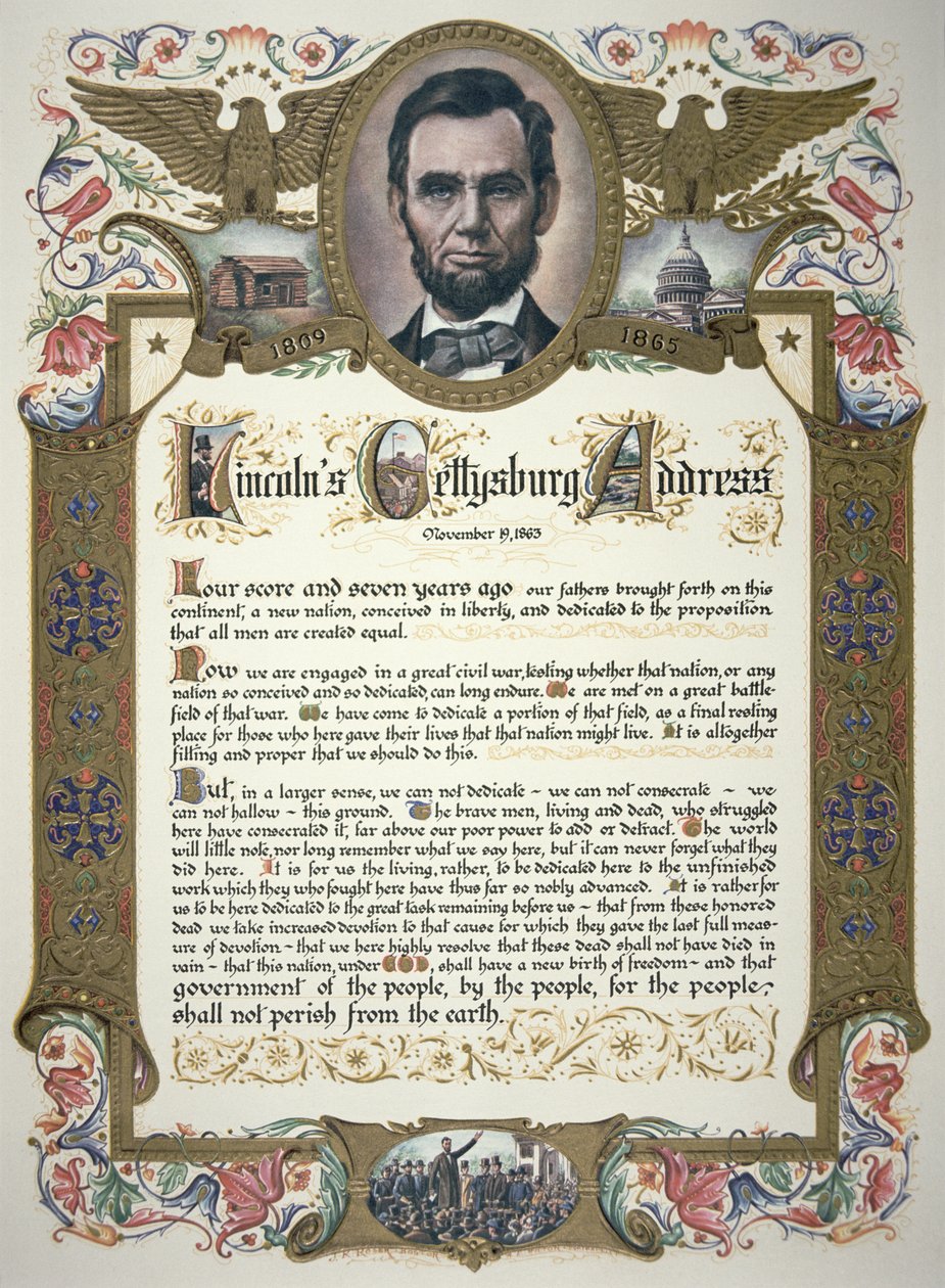 Le discours de Gettysburg, prononcé par Abraham Lincoln (1809-65) - American School