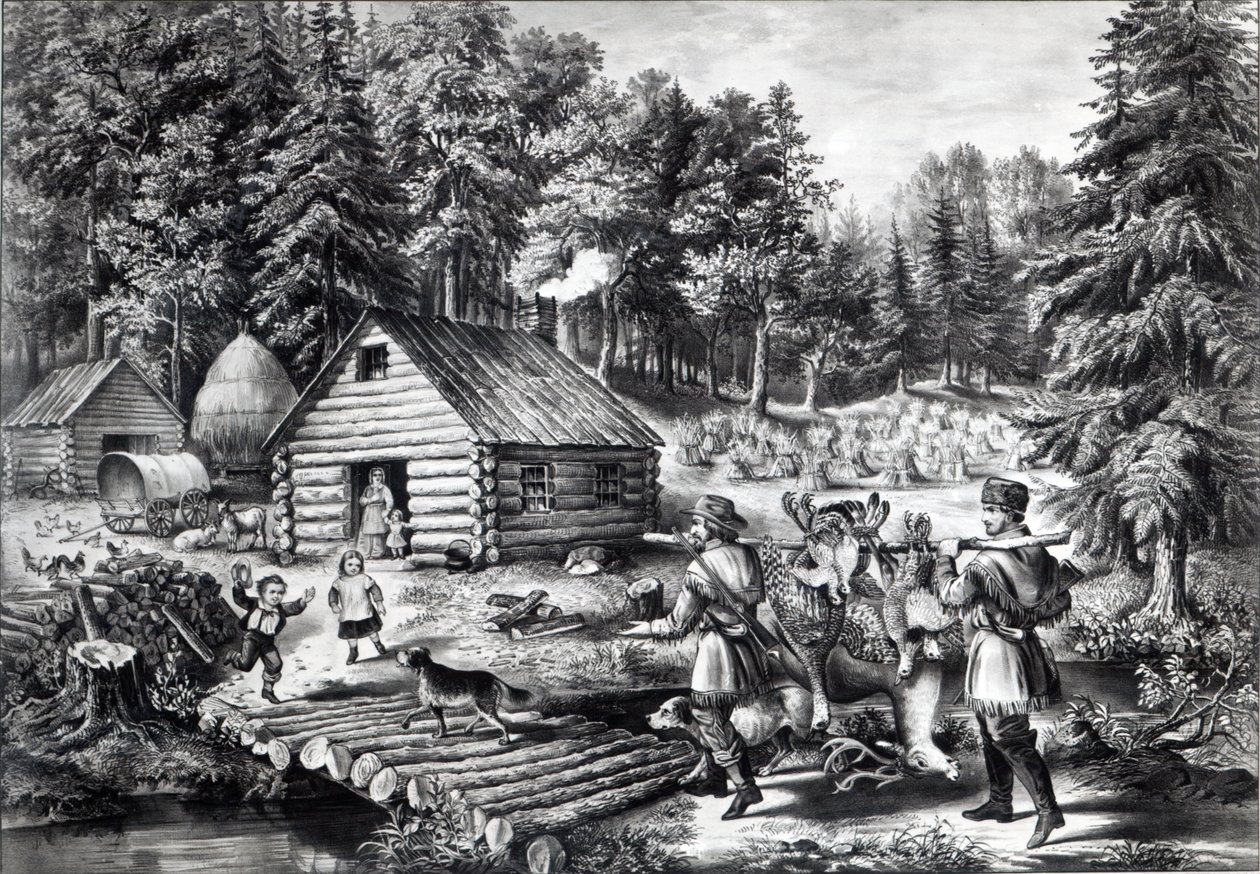 La maison du pionnier à la frontière ouest, pub. par Currier et Ives, 1867 - American School
