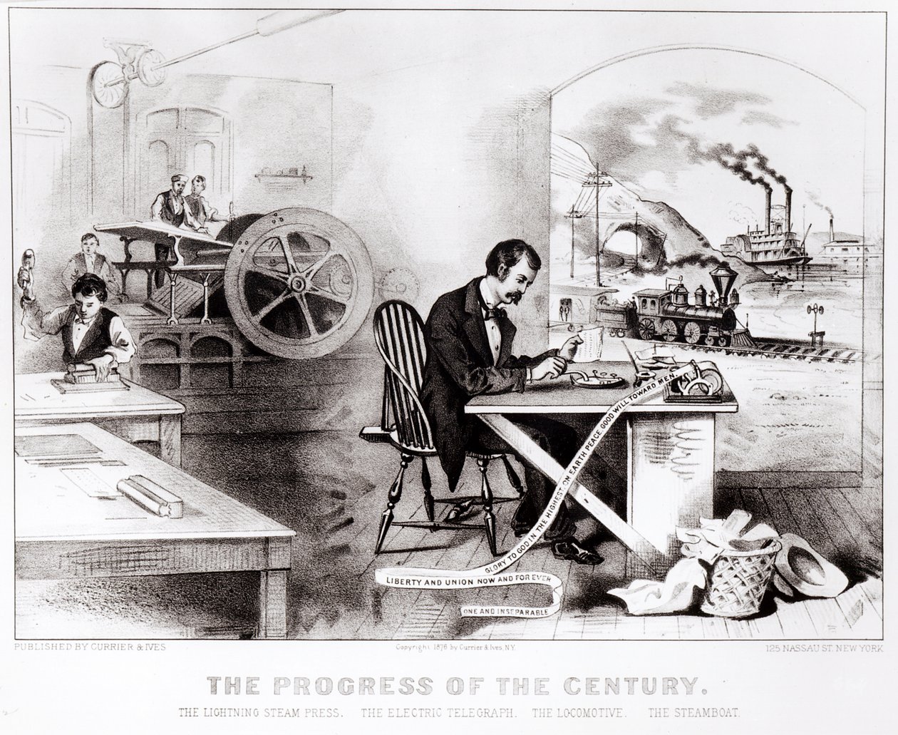 Le Progrès du siècle : la presse à vapeur éclair, le télégraphe électrique, la locomotive et le bateau à vapeur, pub. par Currier & Ives, 1876 - American School