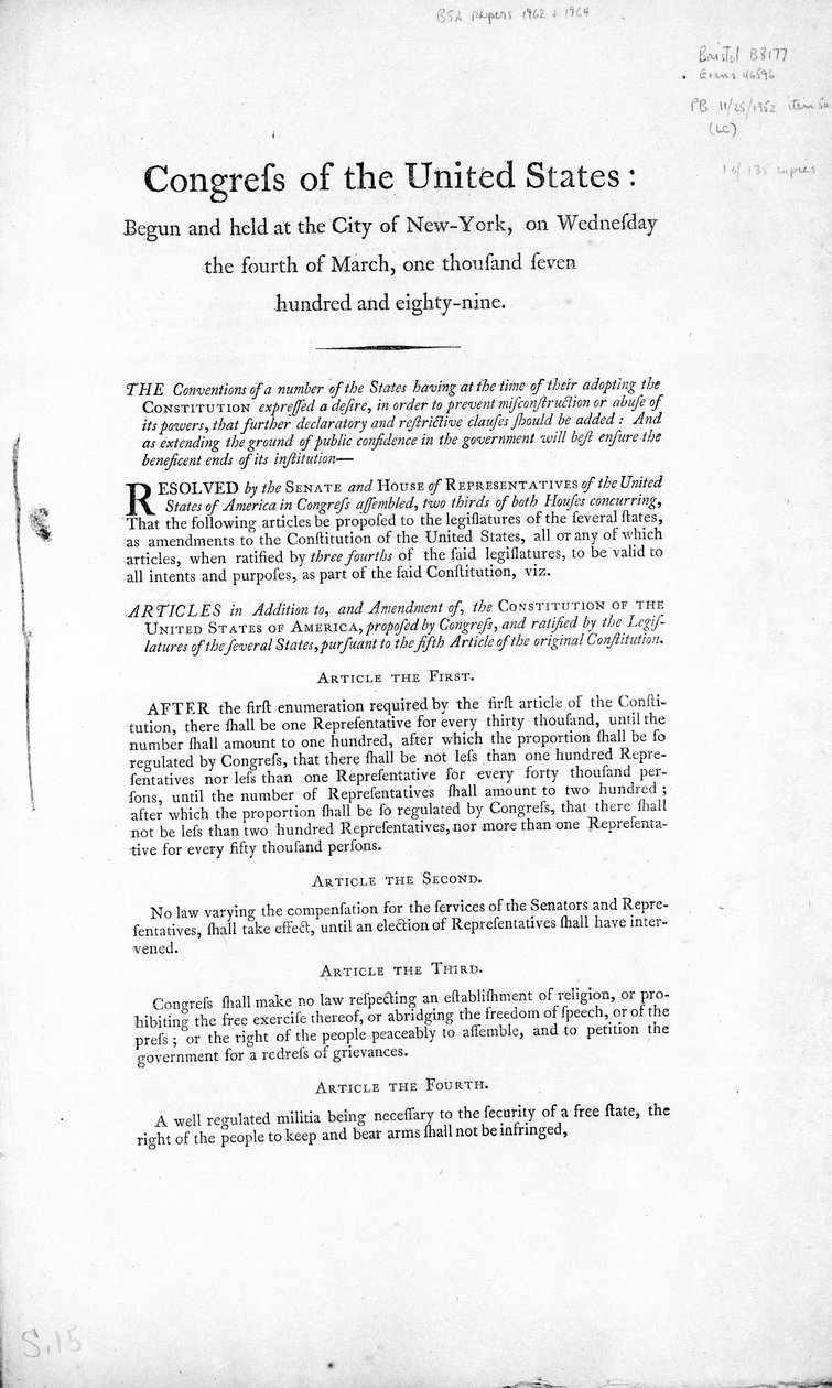 La Déclaration des droits des États-Unis, complétée en 1789 - American School