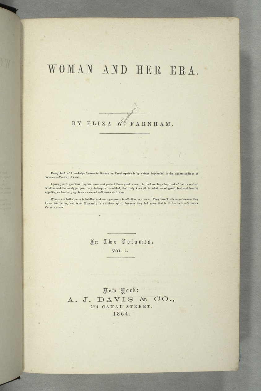 Page de titre de Women and Her Era par Eliza Wood Farnham (1815-64) publié à New York, 1864 - American School