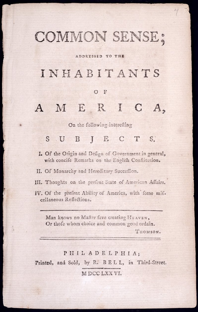 Page de titre de Common Sense par Thomas Paine 1776 - American School
