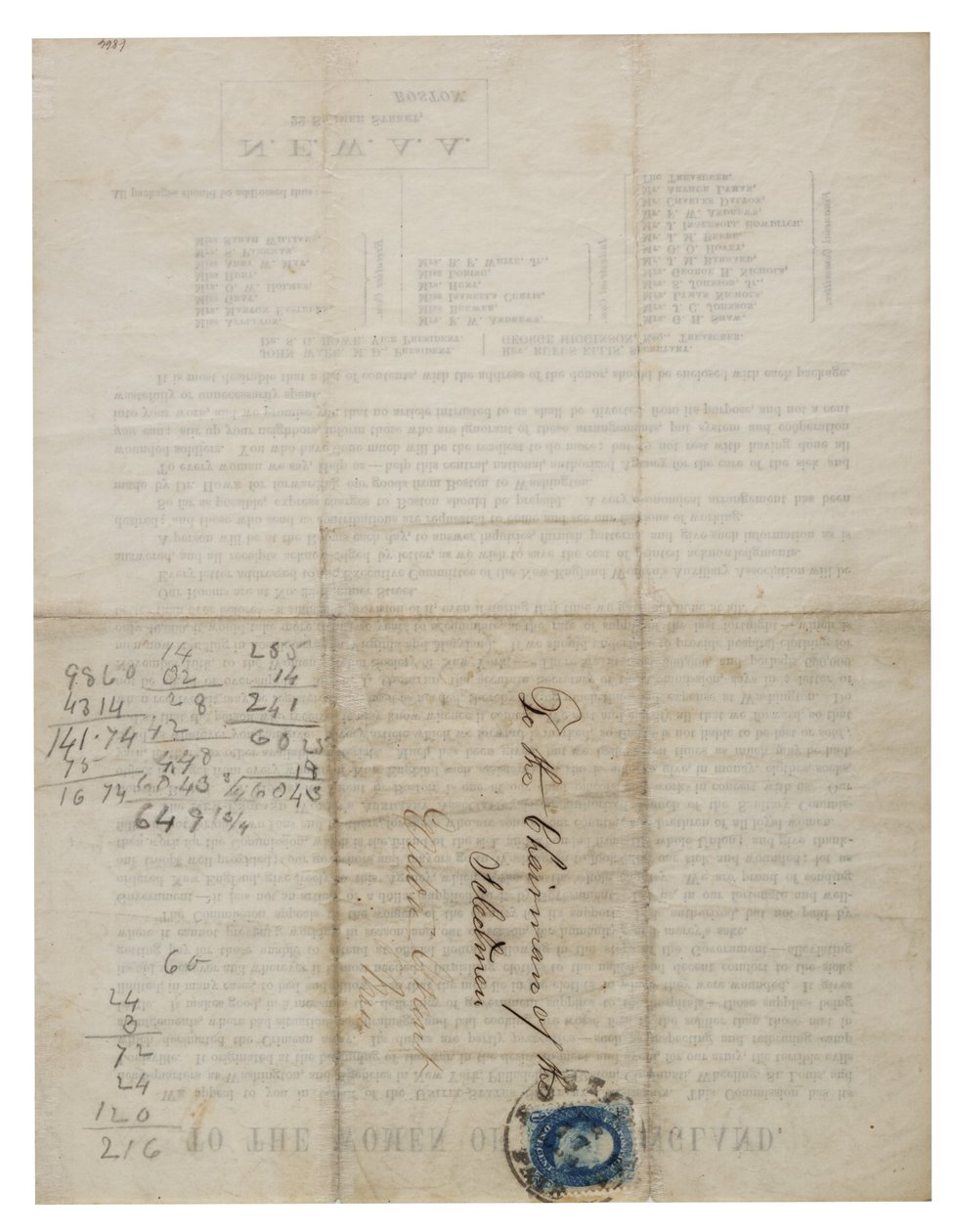 Aux femmes de la Nouvelle-Angleterre (lettre circulaire), vers 1862-1865 - American School