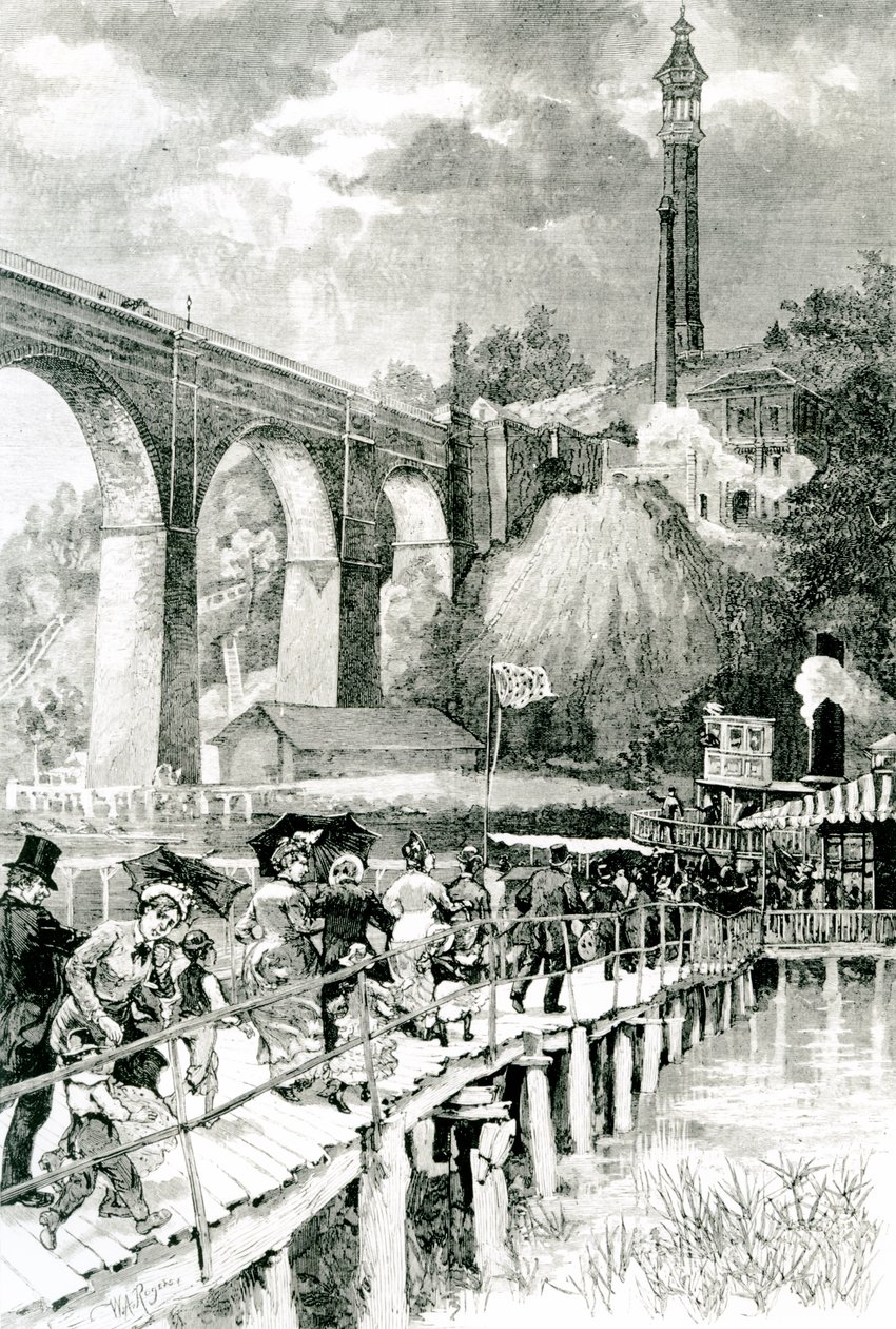 Touristes retournant à leur vapeur sur la rivière Harlem, avec High Bridge à gauche, gravé par W.A Rogers pour Harper