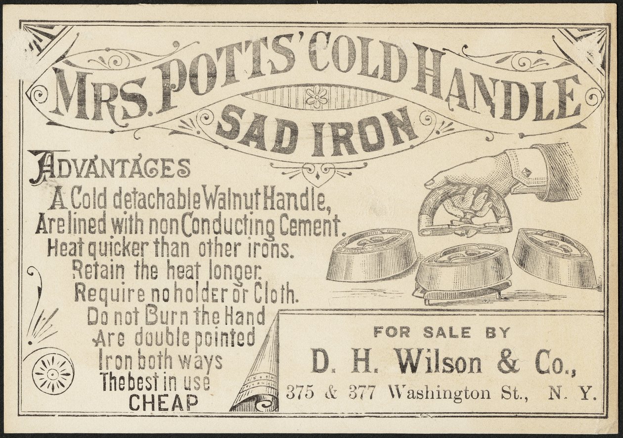 Carte de visite pour le fer à repasser à manche froid de Mme Potts, vers 1870-1900 - American School