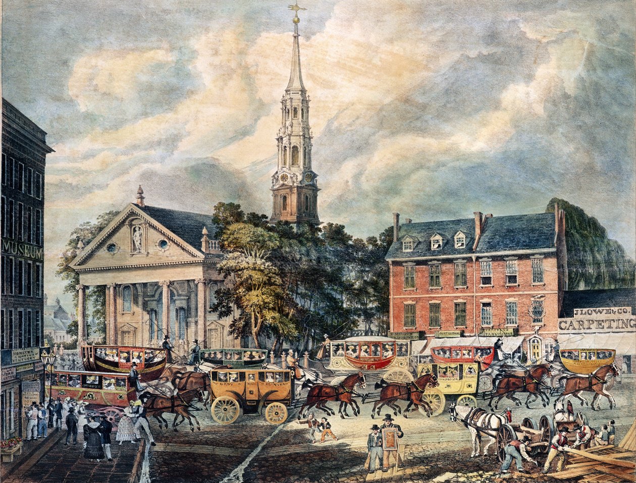 Vue de la chapelle St. Paul et des scènes de Broadway, New York - American School