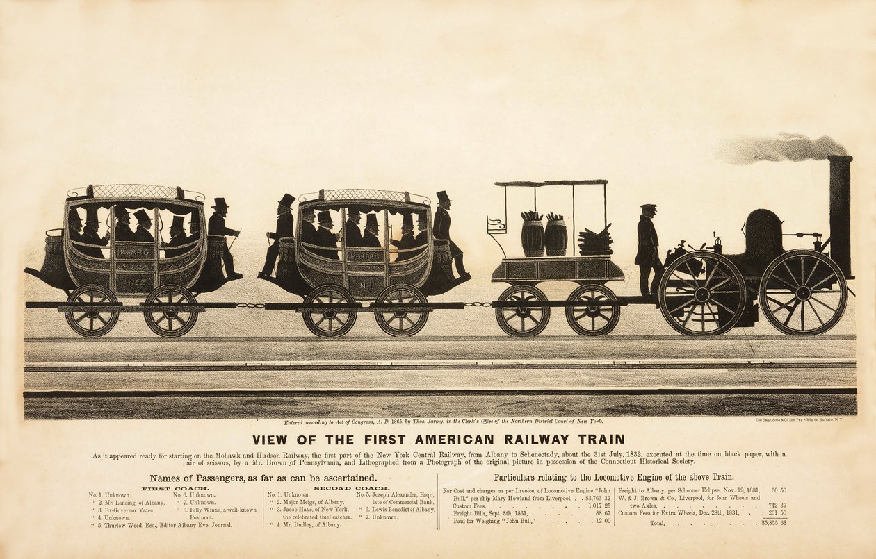 Vue du premier train ferroviaire américain, pub. 1865 - American School