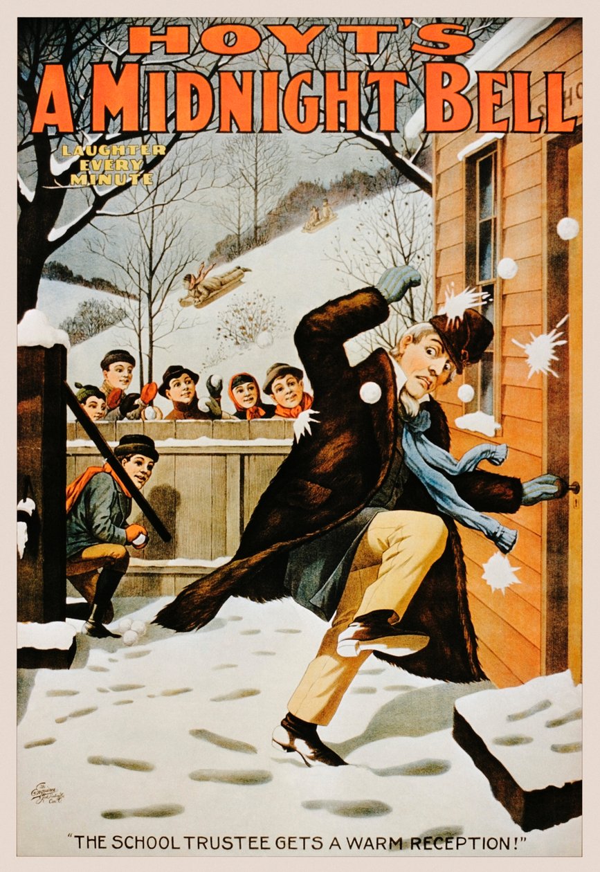 Affiche vintage de garçons lançant des boules de neige à un homme, 1890-99 - American School